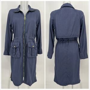 True Religion Biker Trench Coat Womens Small Navy Blue Chambray Zip Duster Midi